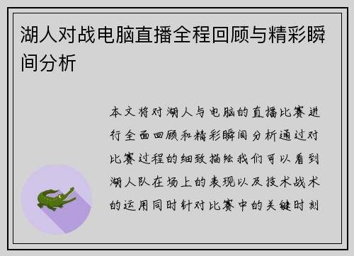 湖人对战电脑直播全程回顾与精彩瞬间分析